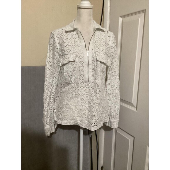 BCBGMAXAZRIA Lace Half Zip Shirt Womens Small White Sheer Collared Long Sleeve - Picture 1 of 6